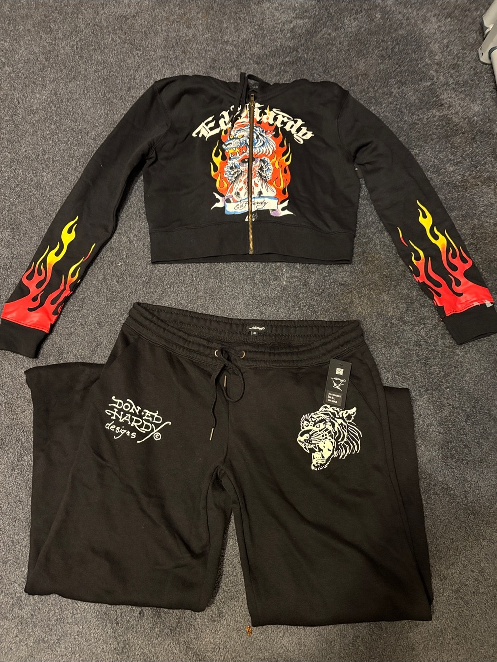 Ed Hardy Black Flame Zip Hoodie & Joggers Set with Red and Yellow Accents